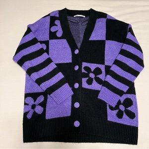 Zara Purple & Black Checkered Flower Cardigan V-Neck Sweater